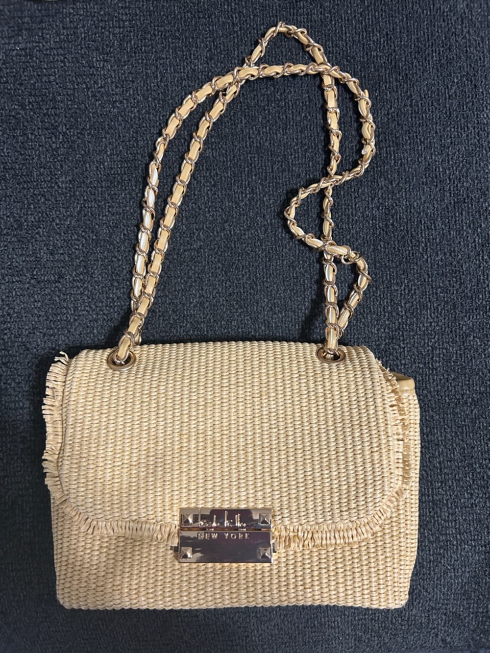 Nicole Miller Beige Woven Crossbody with Gold Chain